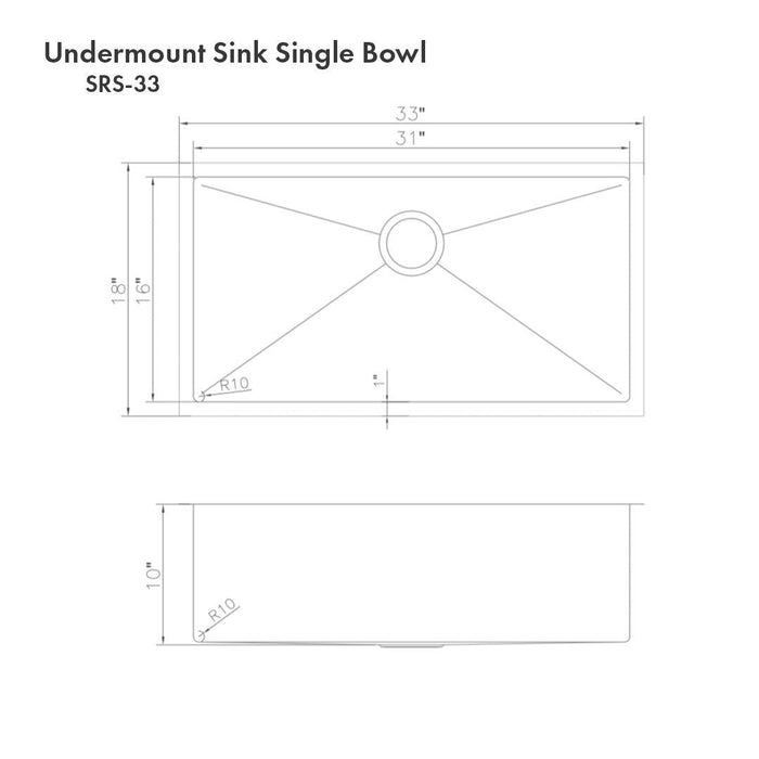 ZLINE 33 in. Meribel Undermount Single Bowl Kitchen Sink with Bottom Grid (SRS-33)