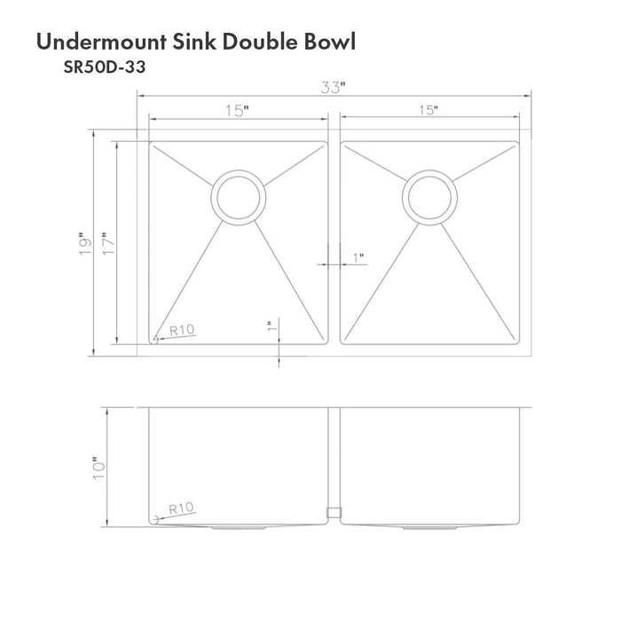 ZLINE 33 in. Anton Undermount Double Bowl Kitchen Sink with Bottom Grid (SR50D-33)