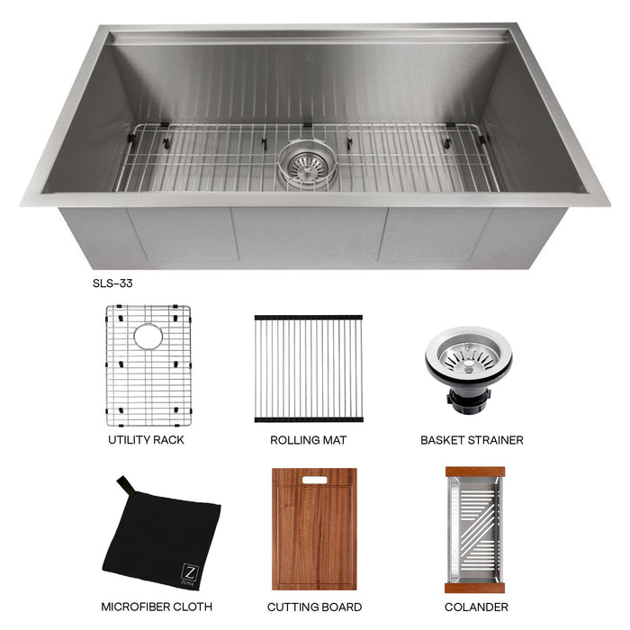 ZLINE 33 in. Garmisch Undermount Single Bowl Kitchen Sink with Bottom Grid and Accessories (SLS-33)