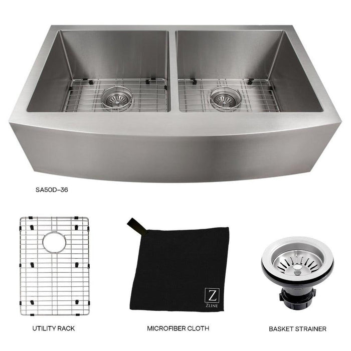 ZLINE 36 in. Niseko Farmhouse Apron Mount Double Bowl Kitchen Sink with Bottom Grid (SA50D)