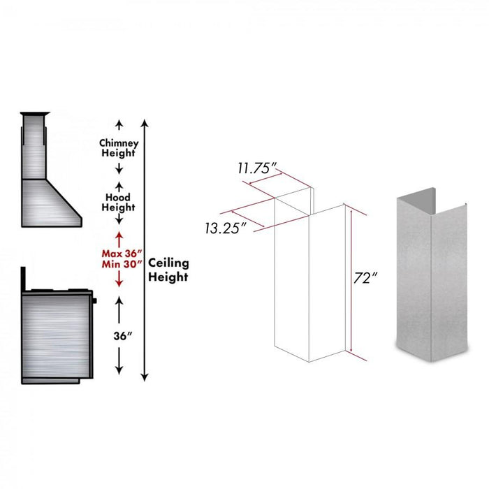 ZLINE 61-Inch DuraSnow® Stainless Steel Extended Chimney and Crown for Ceilings up to 12.5 Ft (8654-E)