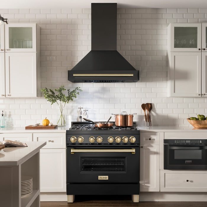 ZLINE Autograph Edition 36 in. Kitchen Package with Black Stainless Steel Dual Fuel Range, Range Hood and Dishwasher with Polished Gold Accents (3AKP-RABRHDWV36-G)