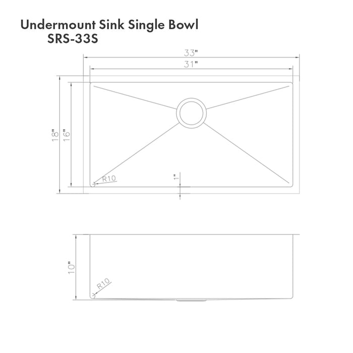 ZLINE 33 in. Meribel Undermount Single Bowl Kitchen Sink with Bottom Grid (SRS-33)