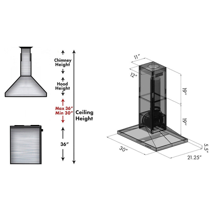 ZLINE 48" CrownSound Island Mount Range Hood in Black Stainless Steel with Built-in Speakers, BSGL2iNCRN-BT-48