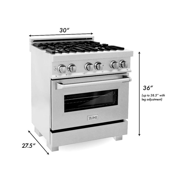 ZLINE 30 in. Kitchen Package with DuraSnow® Stainless Dual Fuel Range, Ducted Vent Range Hood and Dishwasher (3KP-RASRH30-DW)