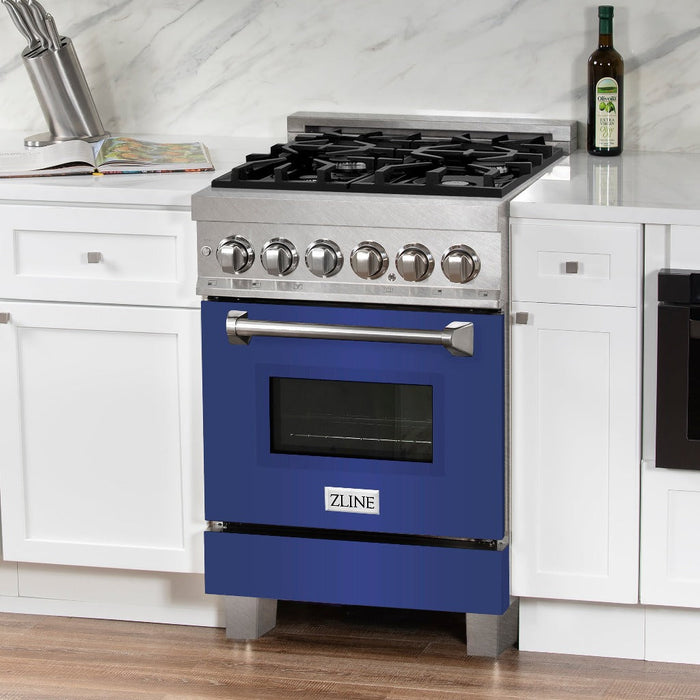 ZLINE 24 in. 2.8 cu. ft. Legacy Dual Fuel Range with 4 Burner Gas Cooktop and Electric Convection Oven in DuraSnow® Stainless Steel and Blue Matte Door (RAS-BM-24)