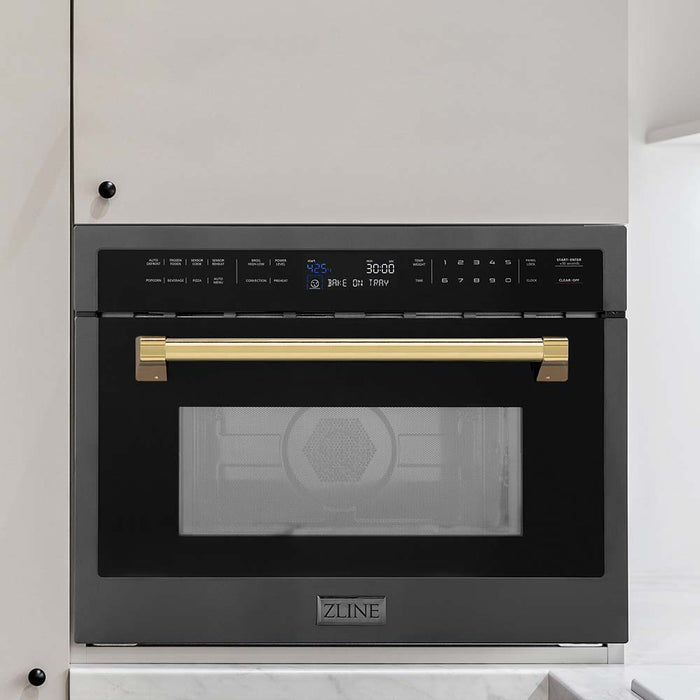 ZLINE Autograph Edition 24 in. 1.6 cu ft. Built-in Convection Microwave Oven in Black Stainless Steel with Polished Gold Accents (MWOZ-24-BS-G)