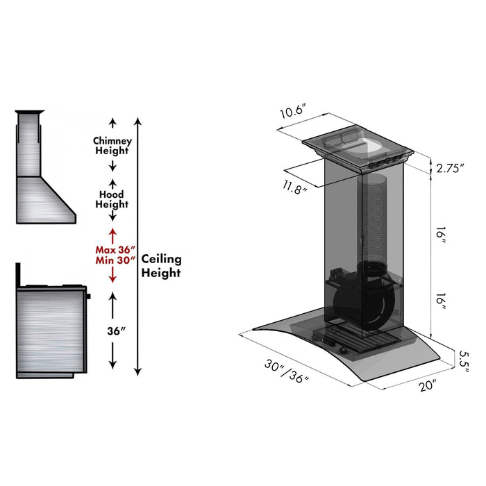 ZLINE Wall Mount Range Hood in Stainless Steel and Glass with Built-in CrownSound Bluetooth Speakers (KZCRN-BT)